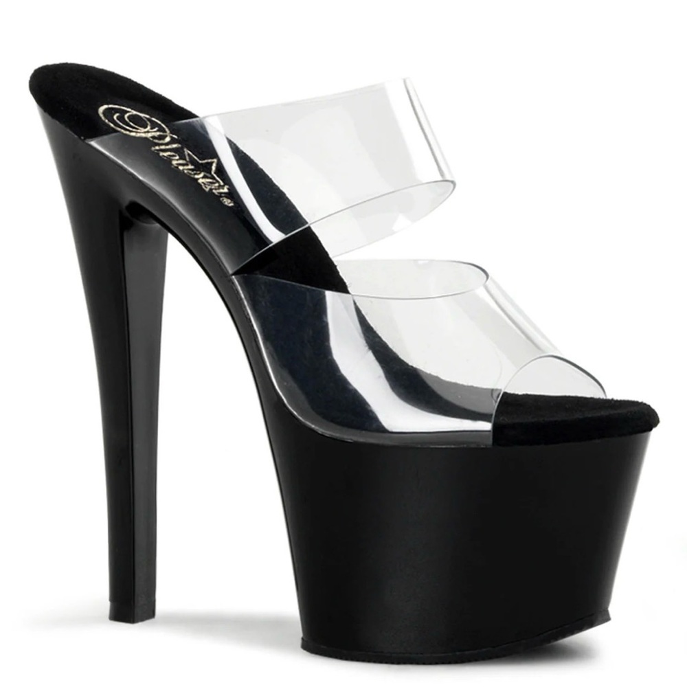 Pleaser Sky-301 Clear Strap Platform Mule Heels Black 7” Stiletto -Sz. 5